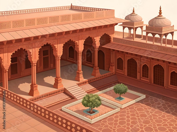 Fototapeta Red sandstone Indian courtyard in isometric vectore