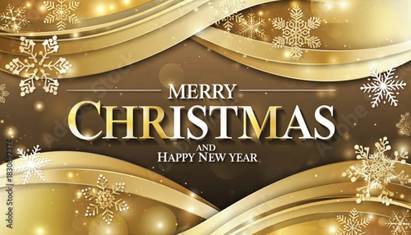 Fototapeta A festive golden holiday card featuring decorative snowflakes surrounding the message “Merry Christmas and Happy New Year” in elegant lettering.