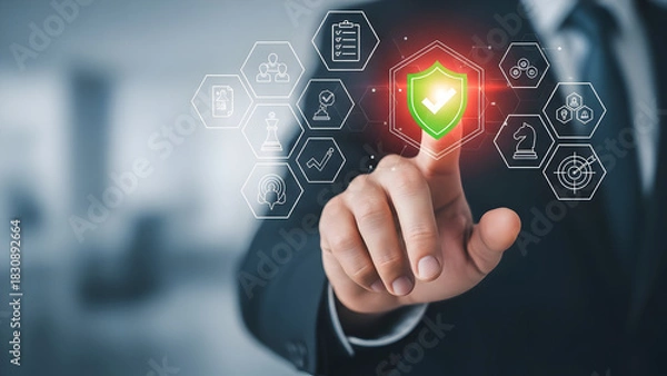 Fototapeta Businessman activating digital shield for cyber security and data protection