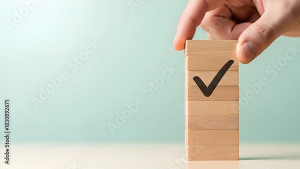 Fototapeta Hand placing wooden block with check mark symbol on stacked blocks