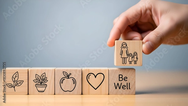 Fototapeta Hand placing block with doctor icon to complete wellness message