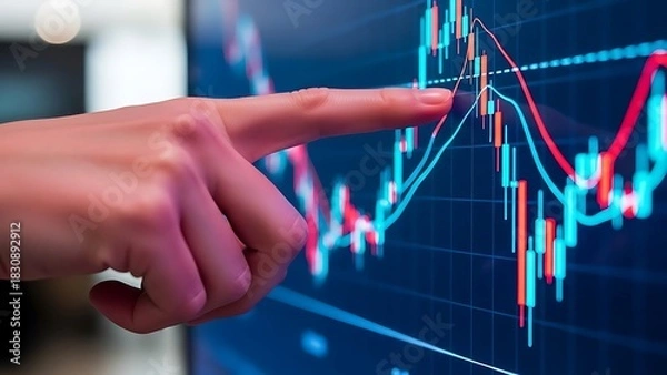 Fototapeta Financial Market Analysis with Candlestick Charts and Technical Indicators Featuring a Pointing Hand Indicating Investment Decisions and Trend Analysis in Modern Business