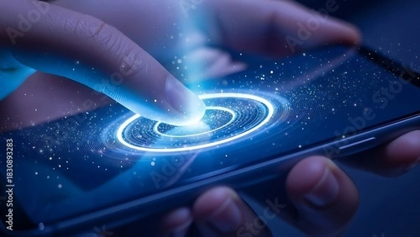 Fototapeta Finger Touching Glowing Futuristic Smartphone Screen Unlocking Device Technology Innovation Mobile App Interface User Experience Cybersecurity Biometric 