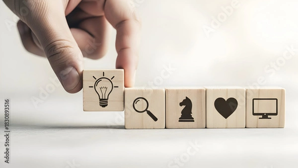 Fototapeta Hand placing a light bulb block innovation strategy and creative solutions concept