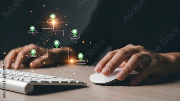 Fototapeta Hands on keyboard and mouse with digital network connections overlay