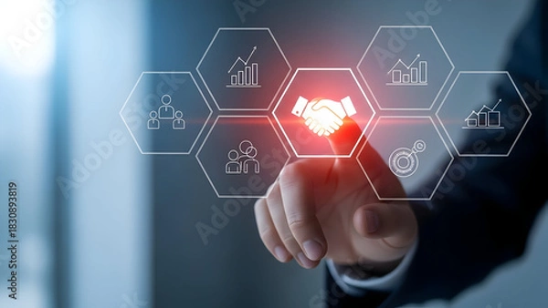 Fototapeta Businessman interacting with digital interface representing business concepts and collaboration