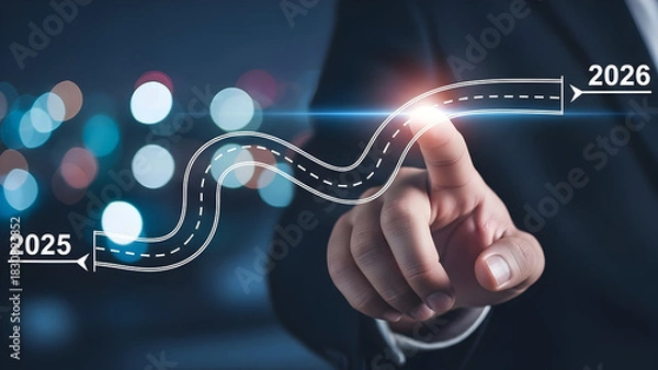 Fototapeta Businessman tracing a path to future success and goals with technology