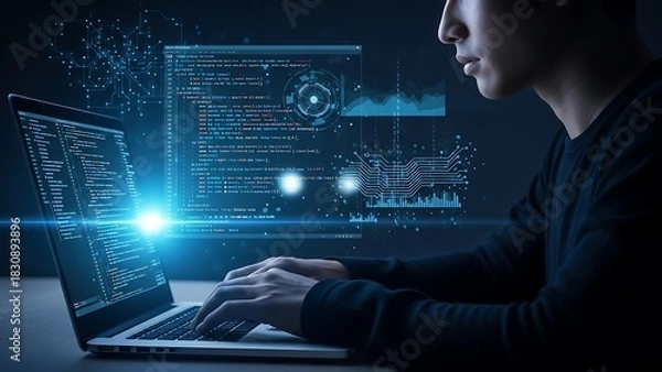 Fototapeta Focused developer coding on laptop with glowing interface creating innovative software solutions for the future with cutting edge technology and elegant design 