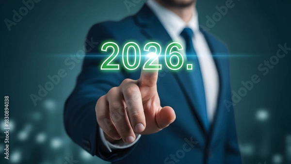 Fototapeta Businessman touching 2026 hologram display forecasting future trends and business strategy