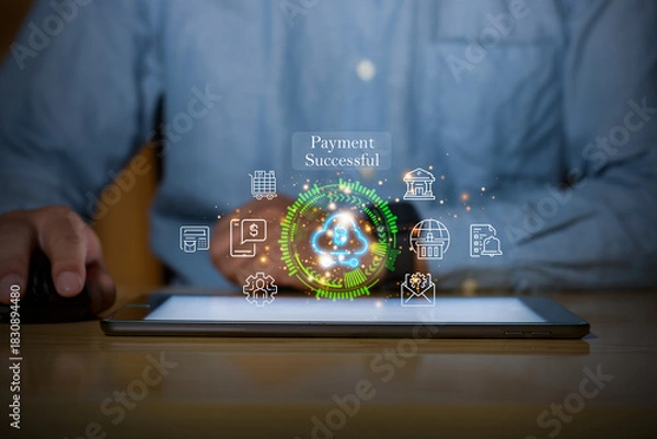 Fototapeta Digital payment successful notification with fintech, banking and cryptocurrency icons glowing above a tablet.