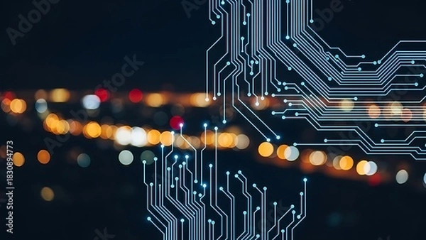 Fototapeta Futuristic Cityscape with Glowing Circuit Board Overlay representing Technology and Innovation depicting Connection and Digitalization on a Blurred Urban Background at Night