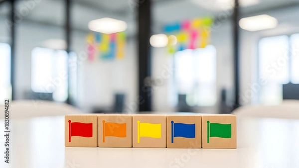 Fototapeta Colorful flag blocks on a white table in modern office space