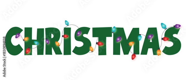 Fototapeta Green Christmas text decorated with colorful Christmas lights on a white background display design vector illustration