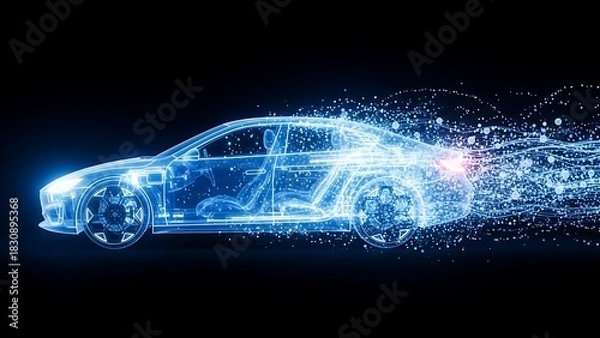 Fototapeta Futuristic Electric Car Concept with Glowing Outline and Data Stream Showing Innovation and Advanced Technology for a Sustainable Future and Automotive Design