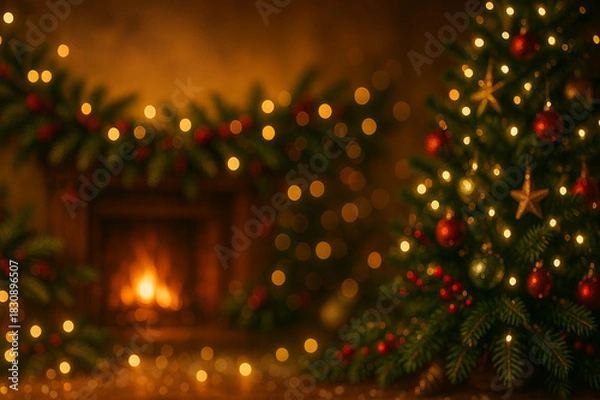 Obraz Warm Christmas Fireplace Background with Glowing Tree Lights and Cozy Bokeh