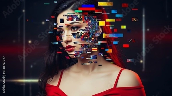 Fototapeta Futuristic Woman with Digital Glitch Effect Portrait for Creative Tech Concepts and Modern Digital Art Projects Showcasing Innovation and the Convergence of Beauty and Technology in the Digital Age