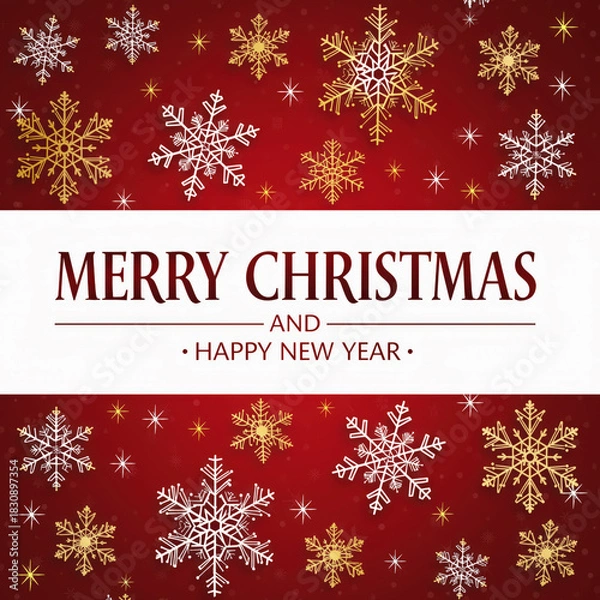 Fototapeta A festive red holiday card featuring decorative snowflakes surrounding the message “Merry Christmas and Happy New Year” in elegant lettering.