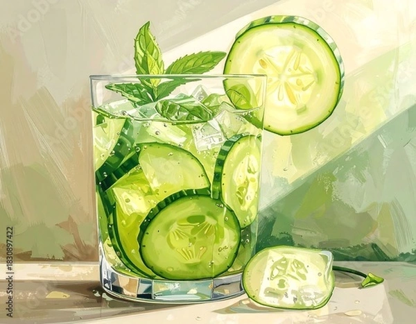 Obraz Refreshing Cucumber Water Drink Image.