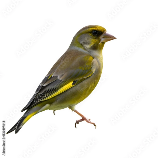 Obraz European greenfinch perched against a dark background in natural light