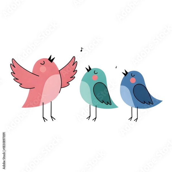 Obraz Three cute cartoon birds in pink teal and blue on black background