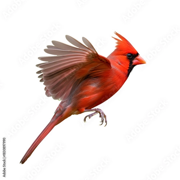 Obraz Male northern cardinal in flight against a black background showing wing detail