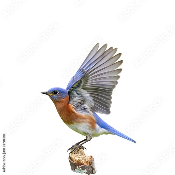 Obraz Eastern bluebird poised for flight with wings spread against black background