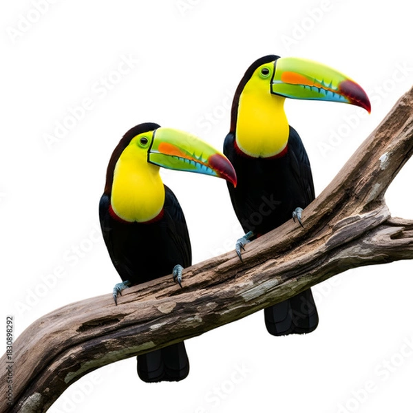 Obraz Two keel billed toucans perched on a branch against a black background