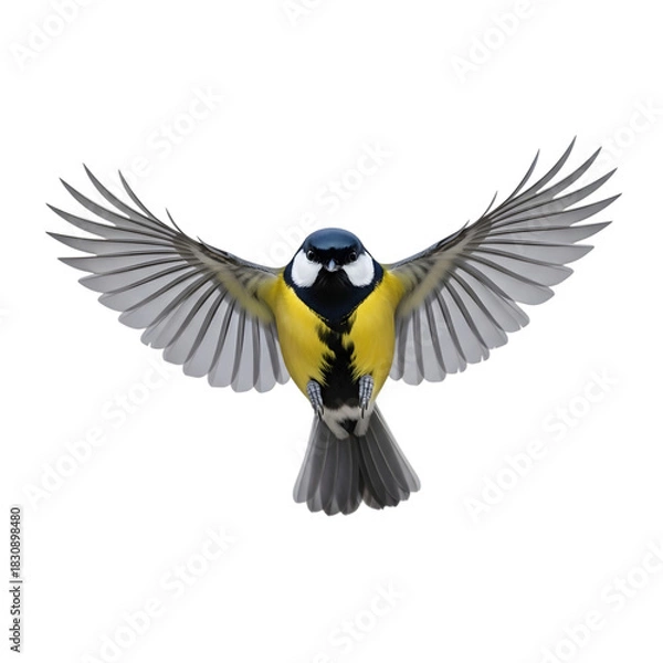 Obraz Great tit bird in flight isolated on black background with wings spread