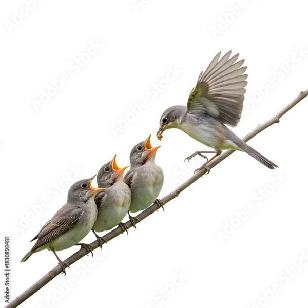 Obraz Mother bird feeding her young chicks on a branch against black background