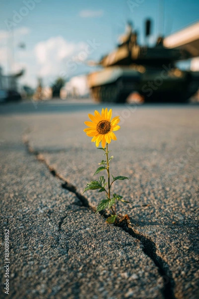 Fototapeta Single Yellow Sunflower Growing from Asphalt Crack with Blurred Military Tank in Background