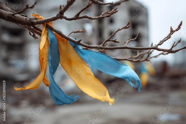 Fototapeta Yellow and Blue Ukrainian Ribbon Tied to Tree Branch in War Zone