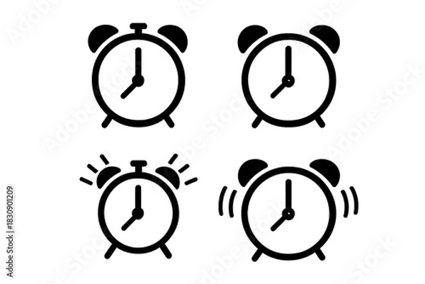 Fototapeta Four black and white alarm clock symbols for time management, deadlines, and notifications