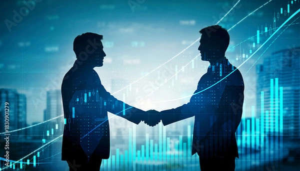 Fototapeta 朝日夕日の中の都市オフィスで交渉と握手を交わすビジネスパートナーがきらきら輝き希望と成功を感じる瞬間	