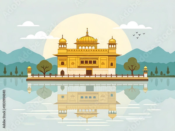 Fototapeta Golden Temple reflection in flat style