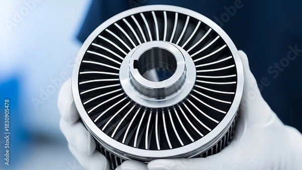 Fototapeta Precision Engineered Turbine Component Held by Gloved Hands Close Up Studio Shot Demonstrating Manufacturing Quality and Attention to Detail in Industrial 