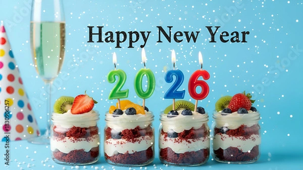 Fototapeta New Year 2026 Dessert Jars with Fruit Toppings and Festive Celebration Setup
