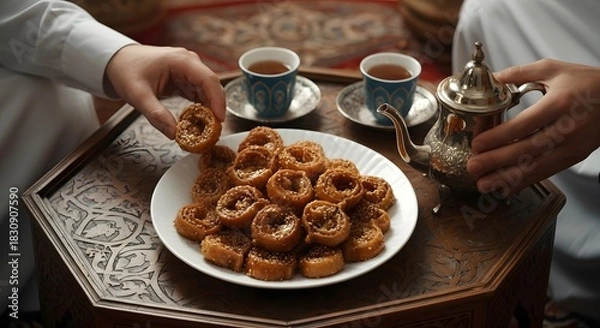 Obraz Traditional chebakia shared with warm tea captured in a soft Middle Eastern dessert atmosphere