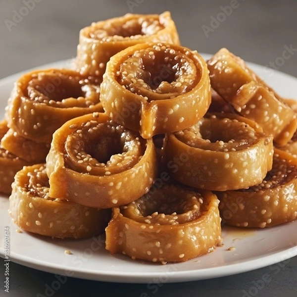 Obraz Moroccan chebakia is placed neatly on clean white plate showing warm sweet dessert presentation