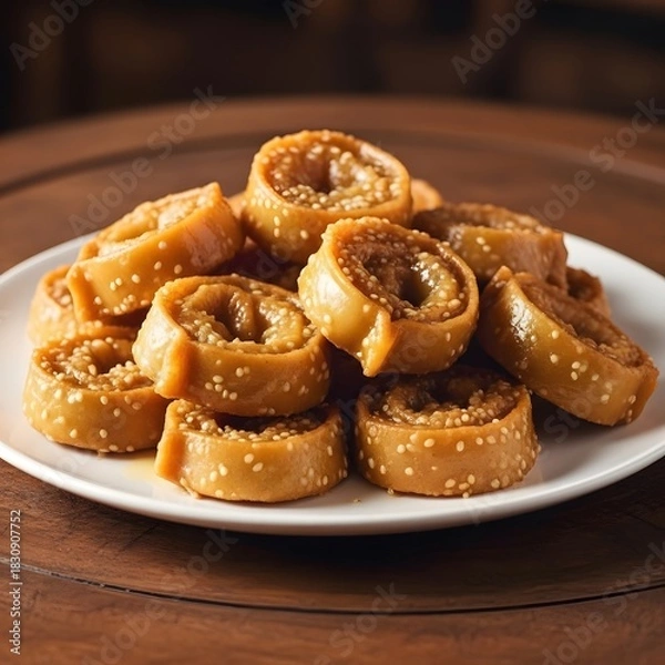 Obraz Chebakia arranged on a bright white plate creating a warm and sweet dessert atmosphere