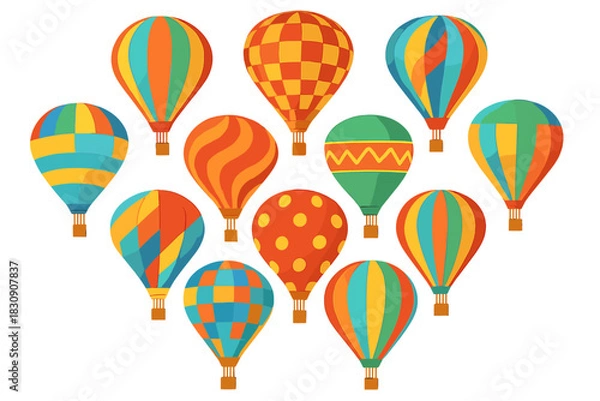Fototapeta Collection of colorful hot air balloons with diverse patterns floating in the blue sky