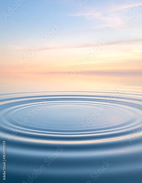 Obraz 穏やかな水面に淡い青と柔らかな金色が溶け合い、幻想的な空の反射が広がります。
円を描く細やかな波紋がハーモニーのように連なり、ミニマルで静謐な印象を生み出します。