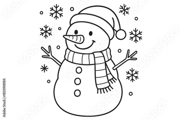 Obraz Christmas coloring page for kids featuring smiling snowman with scarf and hat, surrounded by snowflakes, for holiday fun and children s activities. black outline, isolated on white background