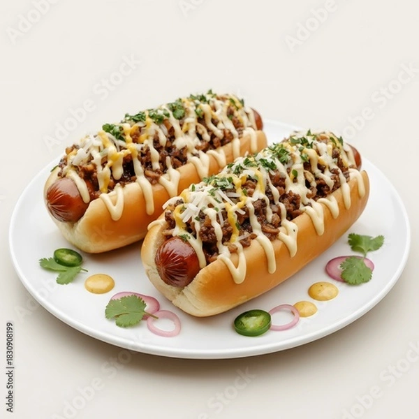Obraz Loaded gourmet hot dogs are presented on a white plate over bright wooden table surface