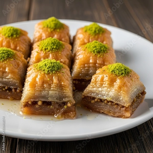 Obraz Golden baklava pastry is arranged on a white plate resting on natural wooden table surface