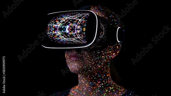 Fototapeta Woman immersed in virtual reality experience with futuristic headset and vibrant digital projections exploring innovative technology and the future of human computer interaction