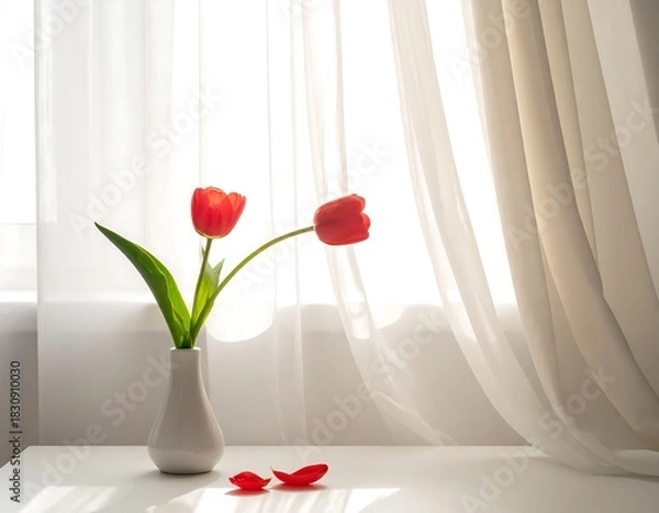 Obraz Red Tulips in Vase by Window.