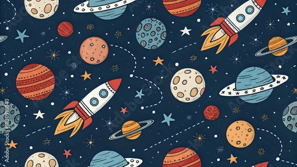Fototapeta Space-themed doodle pattern, planets, rockets, stars, seamless