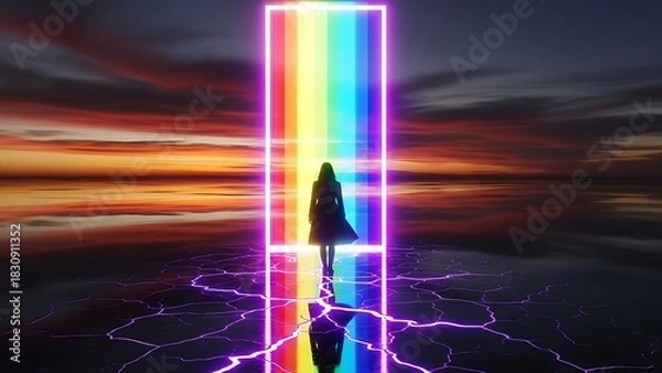 Fototapeta Woman standing before a vibrant rainbow portal illuminated against a dramatic sunset sky on a cracked reflective surface symbolizing transition and futuristic themes