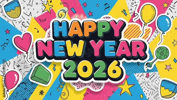 Fototapeta Vivid Comic Style 2026 Celebration Poster Background with Quirky Doodles and Retro Geometric Elements