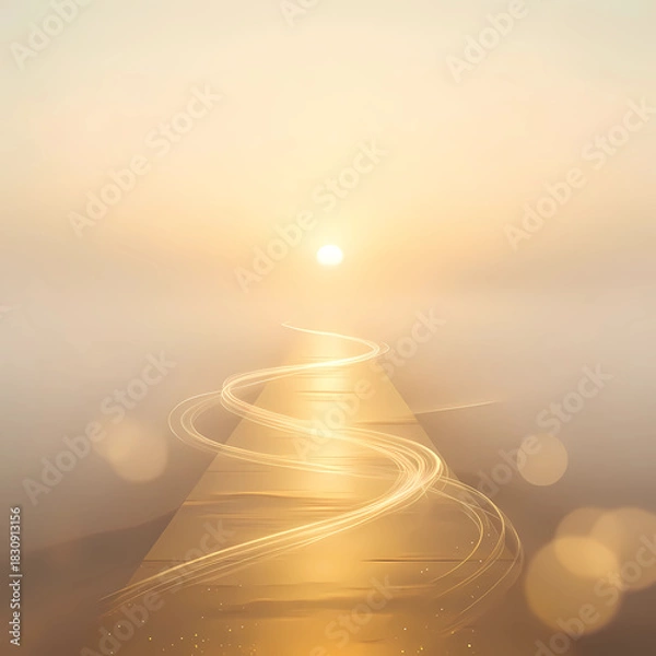 Fototapeta Serene pathway illuminated by soft sunrise in hazy atmosphere  